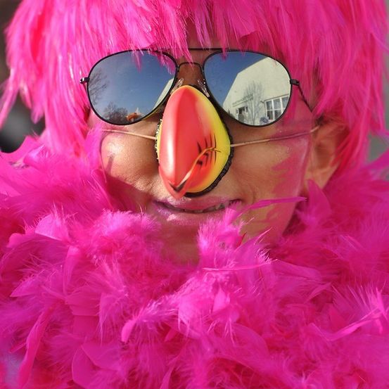 Eine Person in einem rosa Federkostüm mit rotem Schnabel und Sonnenbrille mit reflektierenden Gläsern.