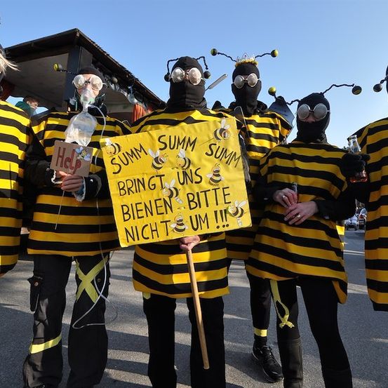Eine Gruppe von Menschen in Bienenkostümen, die ein Schild mit der Aufschrift 'Summ Summ Summ Bringt Uns Bienen Bitte Nicht Um' auf Deutsch halten. Sie stehen in einer Reihe, wahrscheinlich an einer Protestaktion teilnehmend.
