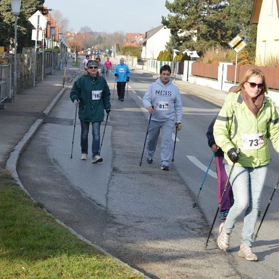 Eine Gruppe von Menschen geht auf der Straße, wahrscheinlich an einem Marathon teilnehmend. Sie tragen Turnschuhe und halten Skistöcke. Die Frau vorne hat die Nummer 163 auf ihrem Shirt. Der Mann hinter ihr hat die Nummer 81. Die Frau rechts hat die Nummer 73. Es gibt Häuser und Straßenlaternen am Straßenrand.