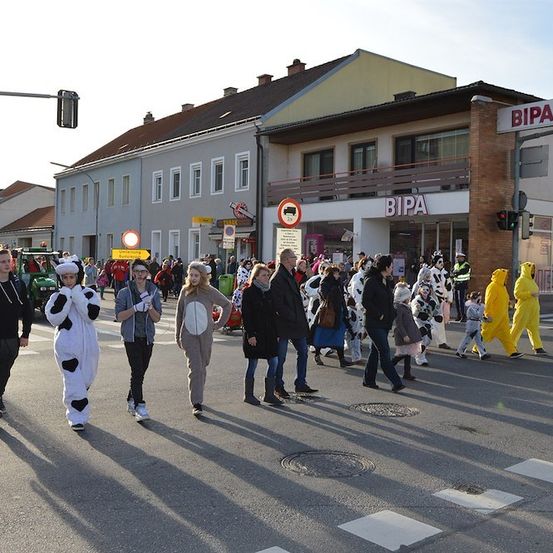 Eine Gruppe von Menschen in Kuhkostümen, die bei einer Parade auf einer Stadtstraße gehen.