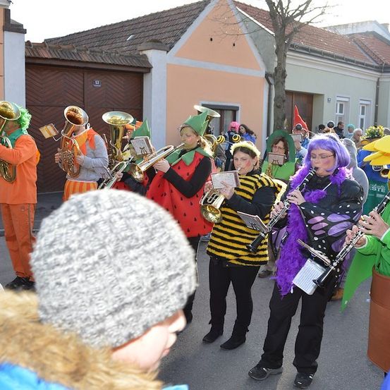 Eine Gruppe von Menschen in Kostümen spielt Musikinstrumente auf einer Straße. Eine Person trägt ein Bienenkostüm.