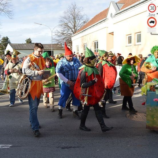 Eine Gruppe von Menschen in farbenfrohen Kostümen zieht in einem Umzug und spielt Musikinstrumente. Sie sind vor einem Gebäude mit einem Schild, das 'Zone 30' besagt.