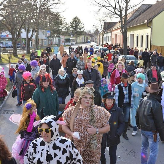 Eine große Gruppe von Menschen in verschiedenen Kostümen geht eine Straße entlang. Einige tragen Tierkostüme, während andere bunte Hüte und Accessoires tragen. Die Straße ist von geparkten Autos und Gebäuden gesäumt.