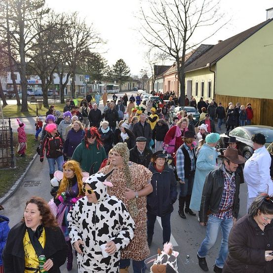 Eine große Gruppe von Menschen in Kostümen geht eine Straße entlang, an der geparkte Autos und Gebäude stehen. Einige tragen Hüte, Brillen und Schuhe, während andere Tierkostüme tragen. Der Himmel ist klar.
