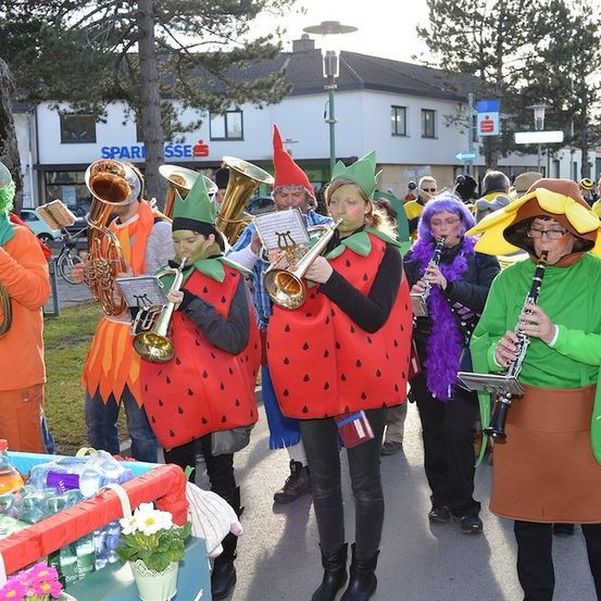 Eine Gruppe von Menschen in Kostümen spielt Musikinstrumente im Freien. Die Kostüme sehen wie Früchte aus und sie stehen in einer Reihe.