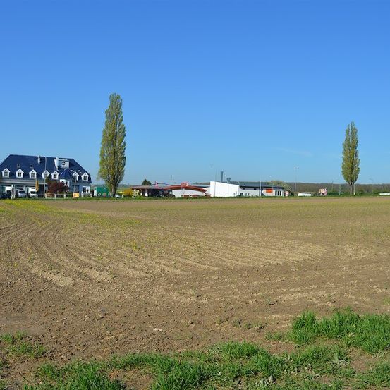 Ein leeres Feld mit einem Gebäude und Bäumen in der Ferne unter einem klaren blauen Himmel.