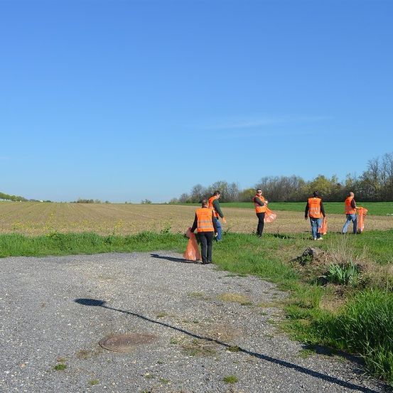 Eine Gruppe von Menschen in orangefarbenen Westen geht auf einem Grasfeld, möglicherweise sammeln sie Müll. Der Himmel ist klar und blau.