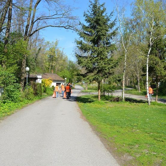 Eine Gruppe von Menschen in orangefarbenen Westen geht auf einem gepflasterten Weg in einem Park mit Bäumen und Gras.