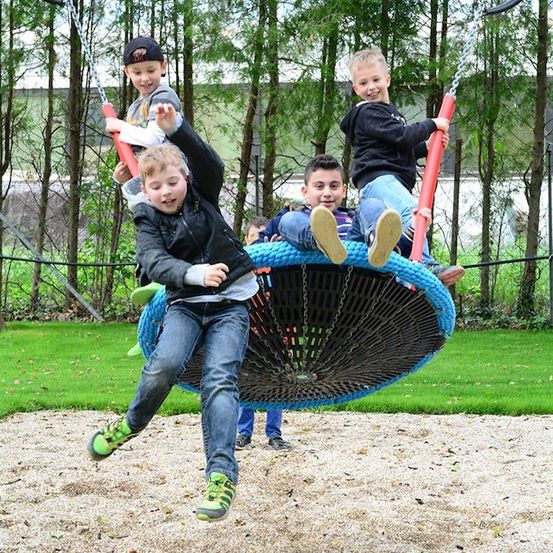 Vier junge Jungen spielen auf einer Reifenschaukel in einem Park, wobei ein Junge kopfüber hängt.