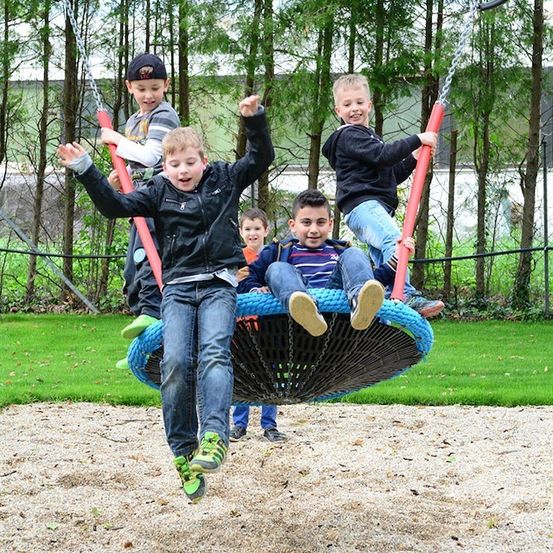 Fünf Jungen spielen auf einer großen Schaukel in einem Freiluftspielplatz. Die Schaukel ist blau und schwarz, und die Jungen tragen Jacken und Turnschuhe. Im Hintergrund befinden sich Bäume und ein Rasenbereich.