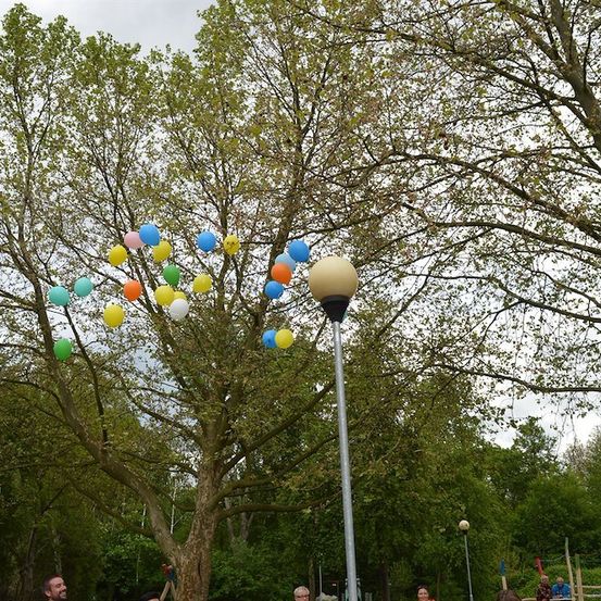 Eine Gruppe von Menschen versammelt sich in einem Park unter einem Baum mit farbigen Luftballons in der Luft. Der Himmel ist bewölkt.