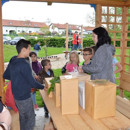 Eine Gruppe von Kindern und eine erwachsene Frau stehen um einen Tisch mit verpackten Boxen in einem Garten. Die Frau spricht zu den Kindern, die aufmerksam zuhören. Im Hintergrund befindet sich ein Spielplatz mit Schaukel und Rutsche.