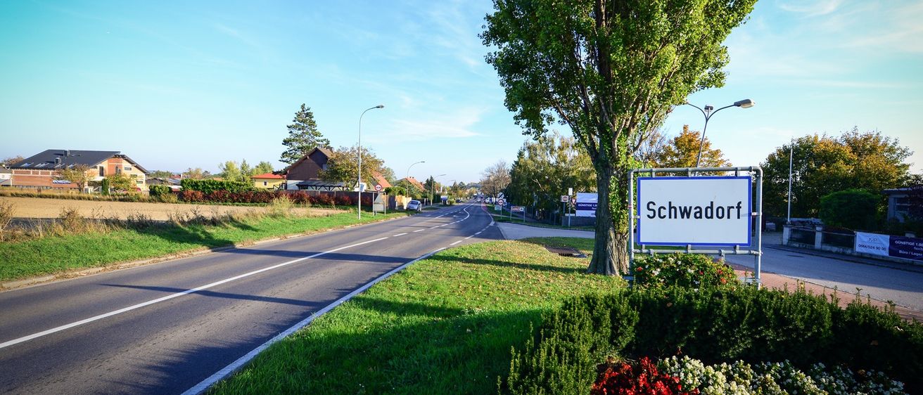 Eine ruhige Straße mit einem Schild für Schwadorf, umgeben von üppigem Grün, Bäumen und einem klaren blauen Himmel.
