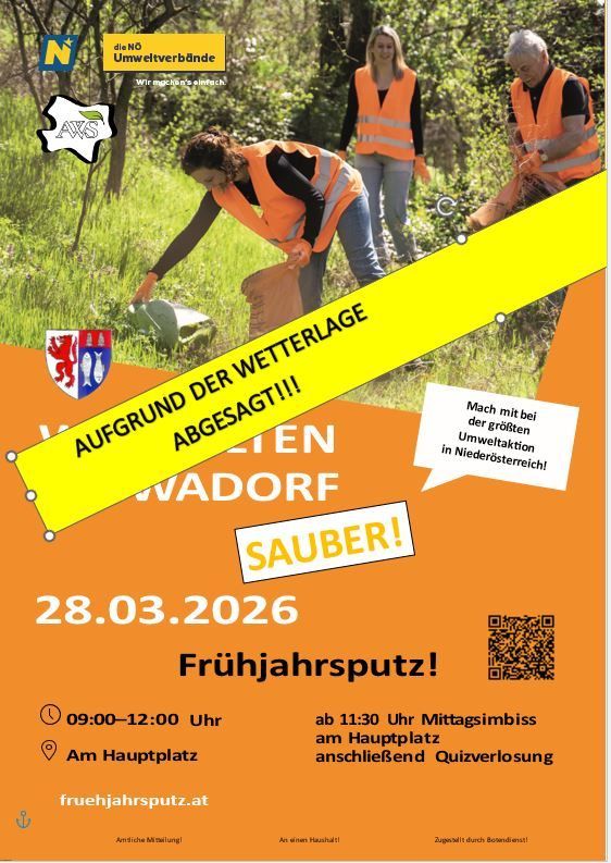 Plakat für Frühjahrsputz-Veranstaltung. Teilnehmer in Warnwesten putzen. Datum: 28.03.2026. Zeiten: 09:00-12:00. Ort: Hauptplatz. Website: fruehjahrsputz.at.