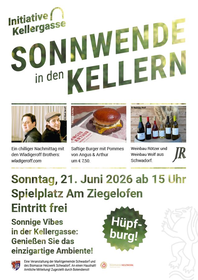 Plakat für die Kellerweinverkostung. Chilliger Abend mit den Wladigeroff Brothers, saftiger Burger und Wein von Rotzer. Eintritt frei, Sonntag, 21. Juni 2026, 15 Uhr, Ziegelofen.