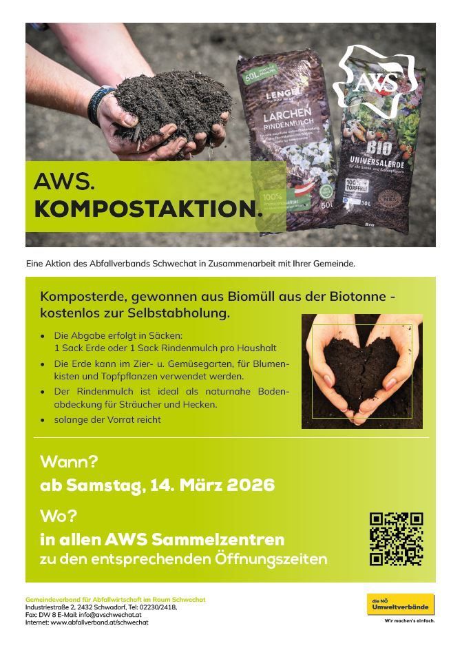 Plakat für die AWS Kompostaktion. Zeigt Kompostbeutel und Hände, die Kompost halten. Details umfassen kostenlose Kompostbeutel für Haushalte, Verwendungsmöglichkeiten für Kompost und Abgabedatum am 14. März 2026 in allen AWS Sammelzentren.