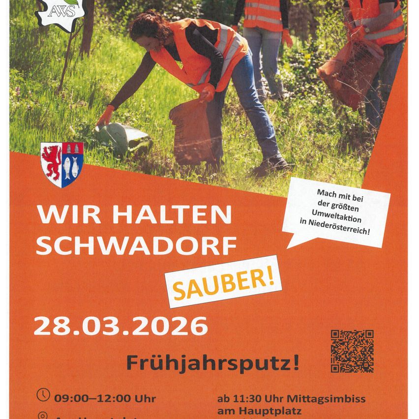 Plakat für Frühjahrsputz am 28.03.2026 in Schwadorf, Österreich. Zeigt Personen in orange Westen beim Müllsammeln, ein Löwenlogo und Details zur Veranstaltung.