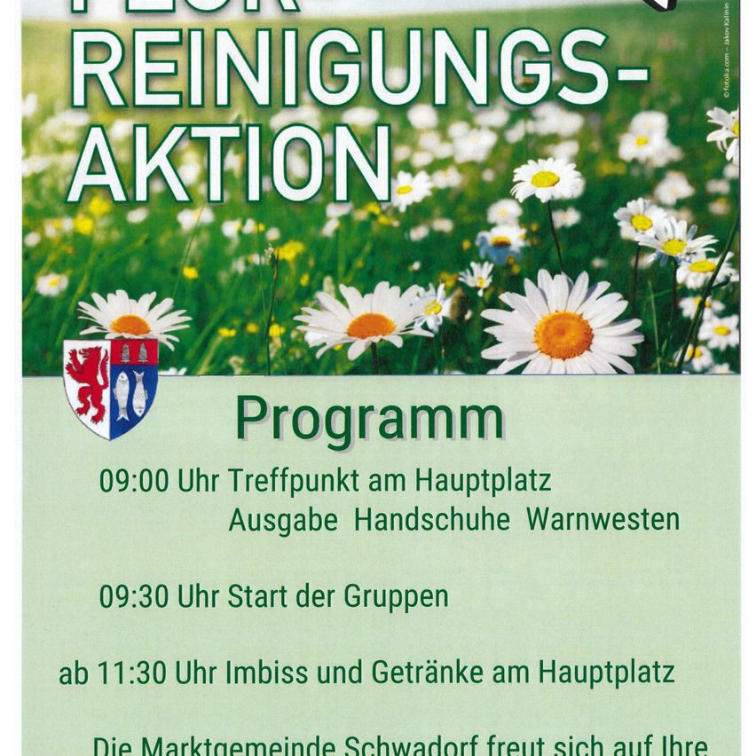 Plakat für eine Reinigungsaktion. Treffpunkt um 9:00 Uhr. Gruppenstart um 9:30 Uhr. Mittagessen und Getränke um 11:30 Uhr.
