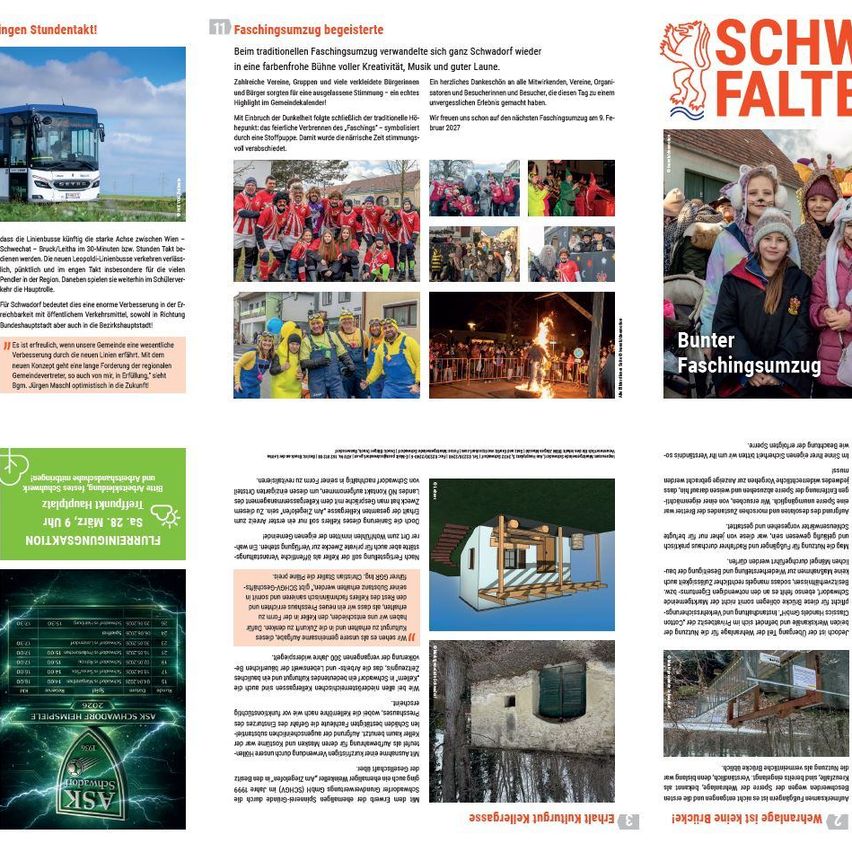 Das Bild zeigt einen Flyer mit mehreren Abschnitten. Ein Abschnitt hebt einen Bus mit Text über eine Schülerveranstaltung hervor. Ein weiterer Abschnitt zeigt eine Collage von Menschen in Kostümen mit deutschem Text über eine Karnevalsveranstaltung. Es gibt auch einen Abschnitt mit einem Bild eines Hauses und Text über ein Hausprojekt.