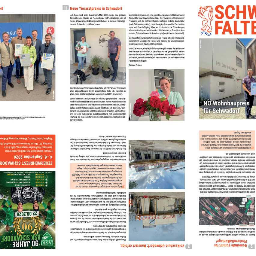 Eine Gruppe von Menschen in formeller Kleidung, die Urkunden und Blumen halten, steht vor einem Gebäude mit einem Schild, das 'SCHWAFATE' liest. Eine Frau hält einen Strauß roter Rosen, lächelt, und ein Mann hält eine Urkunde. Ein weiteres Bild zeigt eine Baustelle mit einem Gebäude im Bau.