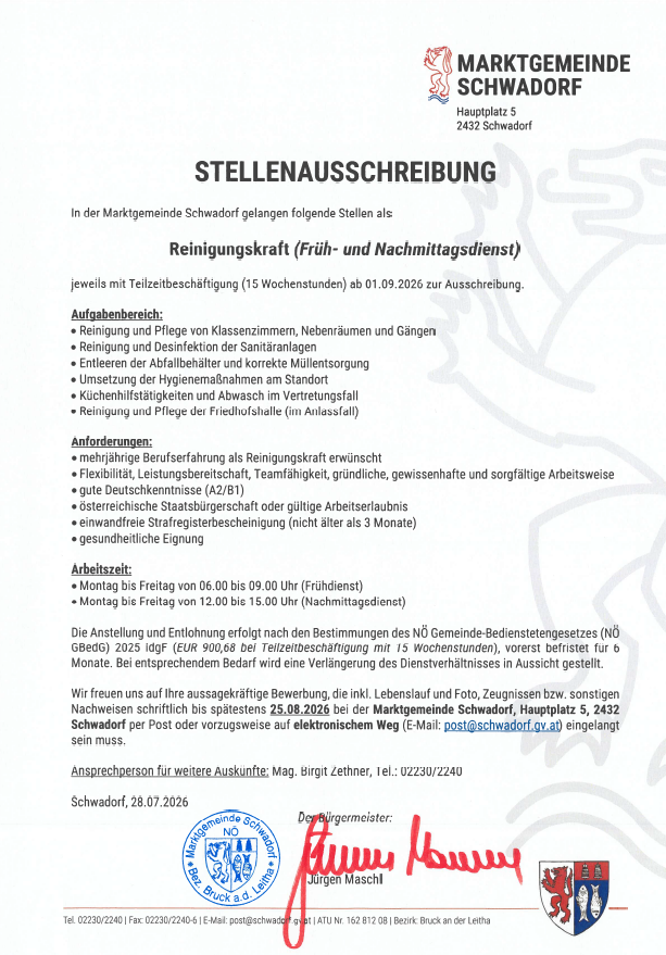 Eine Stellenausschreibung für eine Reinigungskraft in Schwadorf, Deutschland, mit detaillierten Aufgaben und Anforderungen. Der Job bietet Teilzeitpositionen mit bestimmten Arbeitszeiten und einem wettbewerbsfähigen Gehalt. Erfordert Erfahrung, Flexibilität und eine gültige Arbeitserlaubnis. Interessierte Kandidaten sollten ihre Bewerbung bis zu einem bestimmten Datum einreichen.