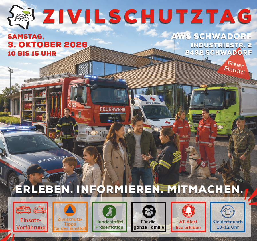 Plakat für AWS Zivilschutztag-Veranstaltung am 3. Oktober 2026 mit Einsatzfahrzeugen, Feuerwehrleuten und Familien. Die Veranstaltung umfasst eine Hundevorführung, AT Alert Live-Erlebnis und Kleidertausch.