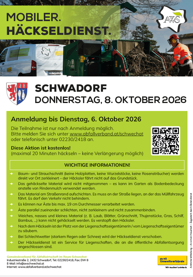 Plakat für einen kostenlosen Hackschnitzeldienst in Schwadorf, Deutschland am 8. Oktober 2026. Es enthält einen QR-Code, einen Zeitplan und wichtige Informationen über den Service.