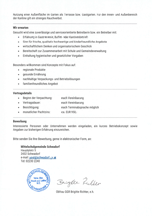 Das Dokument beschreibt Anforderungen an einen zuverlässigen und serviceorientierten Betreiber bzw. einen Betreiber mit: Erfahrung in Gastronomie, Buffet- oder Kantinenbetrieb. Es werden frische, qualitativ hochwertige und kinderfreundliche Angebote, wirtschaftliches Denken und organisatorisches Geschick gesucht. Besonderes Willkommen sind Konzepte mit Fokus auf: regionale Produkte, gesunde Ernährung, nachhaltige Verpackungs- und Betriebslösungen, familienfreundliches Angebot.