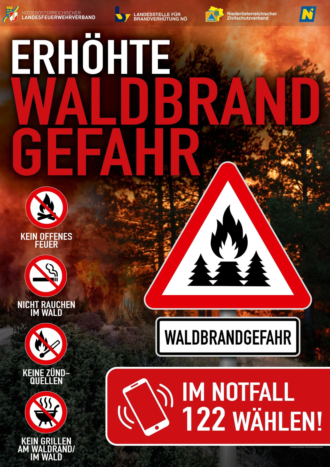 Plakat mit einer Warnung vor Waldbrandgefahr. Zeigt ein Feuerzeichen, ein Rauchverbotszeichen und ein Zeichen für offene Flammen. Der Hintergrund zeigt Bäume und einen Sonnenuntergang.