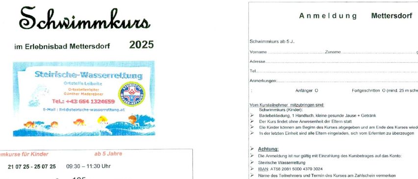 Schwimmkurse im Mettersdorfer Freizeitzentrum. Anmeldung für die Saison 2025 ist offen. Kursdaten und -zeiten sind verfügbar. Schwimmkurse für Kinder ab 5 Jahren. Informationen und Anmeldung im Mettersdorfer Freizeitzentrum.