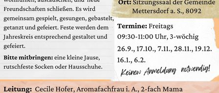 Das Bild zeigt ein Plakat für eine Eltern-Kind-Spielgruppe namens MiniBarchen in Mettersdort und Jagerberg. Es enthält ein Foto von Erwachsenen und Babys, Details zu Kosten, Ort, Zeitplan und benötigten Gegenständen.