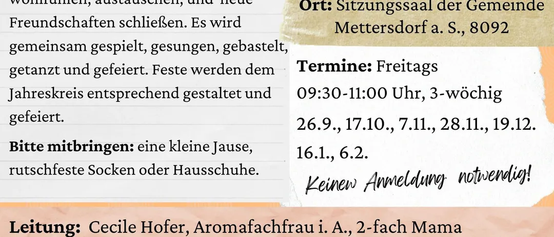 Das Bild zeigt ein Plakat für eine Eltern-Kind-Spielgruppe namens MiniBarchen in Mettersdort und Jagerberg. Es enthält ein Foto von Erwachsenen und Babys, Details zu Kosten, Ort, Zeitplan und benötigten Gegenständen.