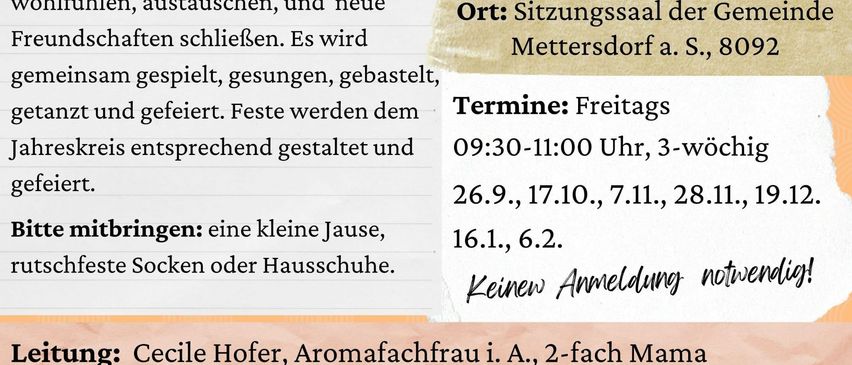 Ein Bild zeigt eine Werbung für MiniBarchen, eine offene Eltern-Kind-Spielgruppe in Mettersdor und Jagerberg. Aktivitäten umfassen Spielen, Singen und Feiern. Kosten betragen 4 Euro pro Familie. Ort ist Gemeinde Sitzungsaal Mettersdor. Keine Anmeldung erforderlich.