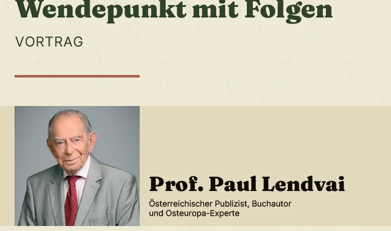 Ein Werbeplakat für einen Vortrag über den ungarischen Aufstand von 1956. Das Plakat zeigt ein Bild eines Mannes, Prof. Paul Lendvai, und enthält Details zum Veranstaltungsdatum, zur Uhrzeit und zum Ort.