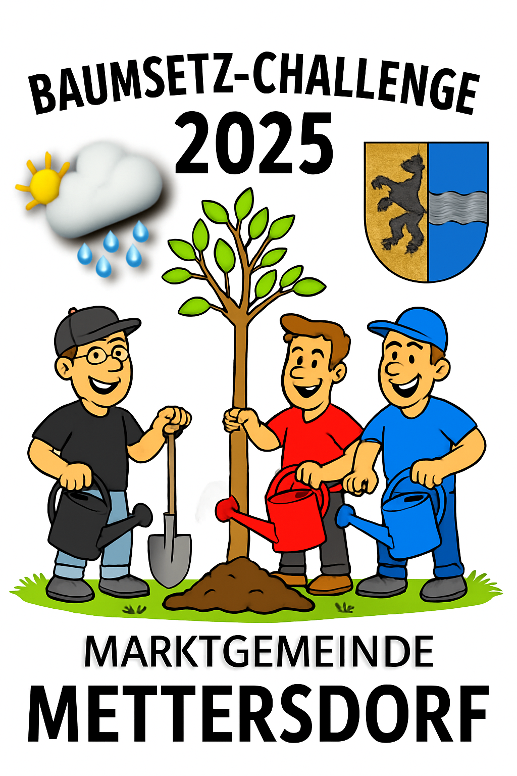 Illustration von drei Menschen, die einen Baum mit einem lächelnden Gesicht pflanzen. Über ihnen steht die Zahl 2025, ein Wettersymbol und ein Wappen.
