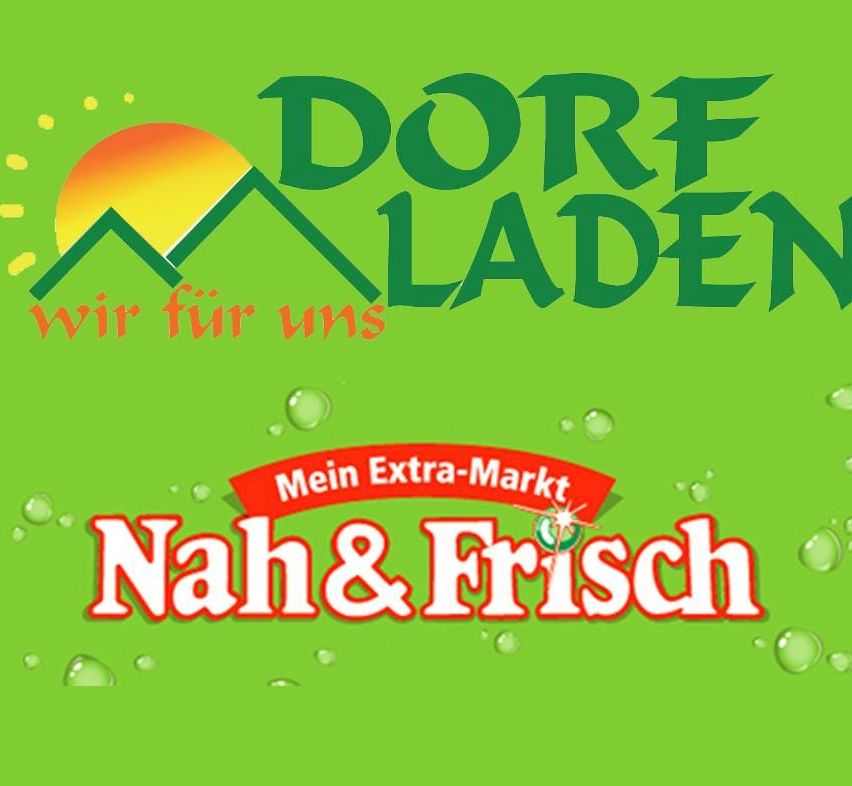 Ein grüner Hintergrund mit einem Logo, das Dorf Laden in grüner Schrift mit dem Text wir für uns in roter Schrift liest. Es gibt auch ein rotes Band, das Mein Extra-Markt liest. Unten unter dem Logo steht Nah&Frisch. Auf dem grünen Hintergrund befinden sich Wassertropfen.