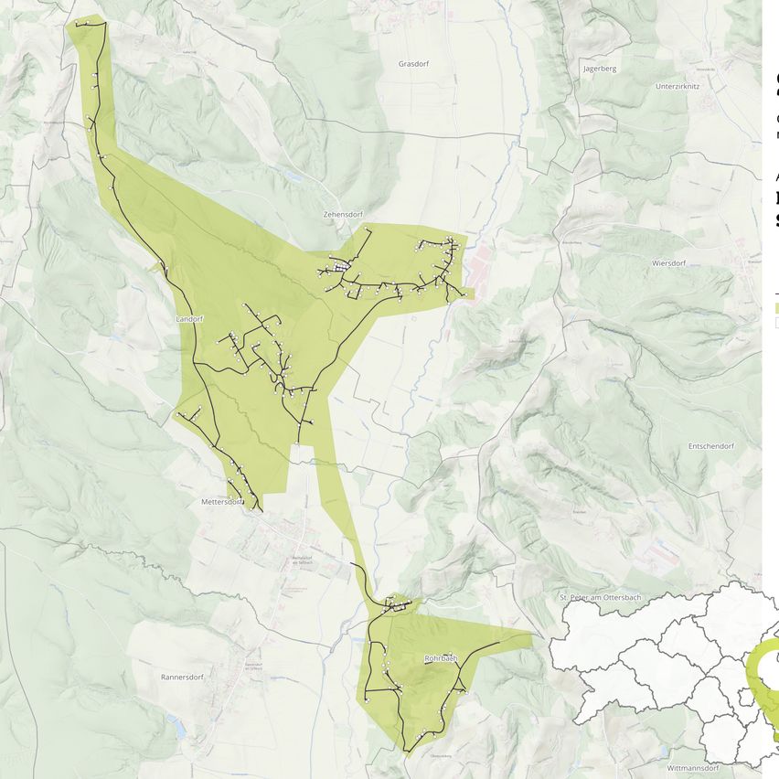 Eine Karte mit einem grün hervorgehobenen Bereich, der verschiedene Städte, Dörfer und Straßen in einer Bergregion zeigt. Der hervorgehobene Bereich enthält die Namen der Städte und Dörfer darin.
