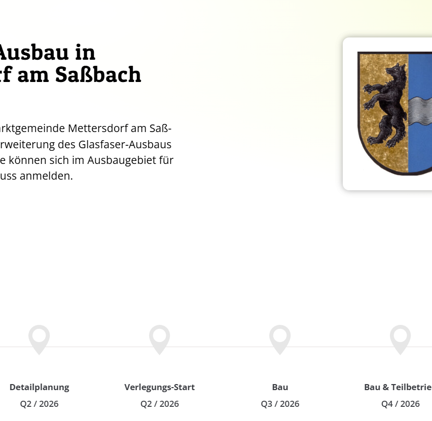 Das Bild zeigt eine Grafik mit Text über den Glasfaserausbau in Mettersdorf am Sabbach. Es lädt die Bewohner ein, sich für das Glasfaserprojekt anzumelden. Es gibt vier Abschnitte mit Symbolen und Texten, die Zeitpläne angeben.