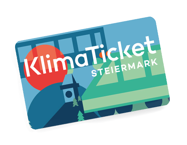 Ein KlimaTicket mit dem Text Steiermark auf blauem Hintergrund mit einem stilisierten Zug, Bergen und Bäumen.