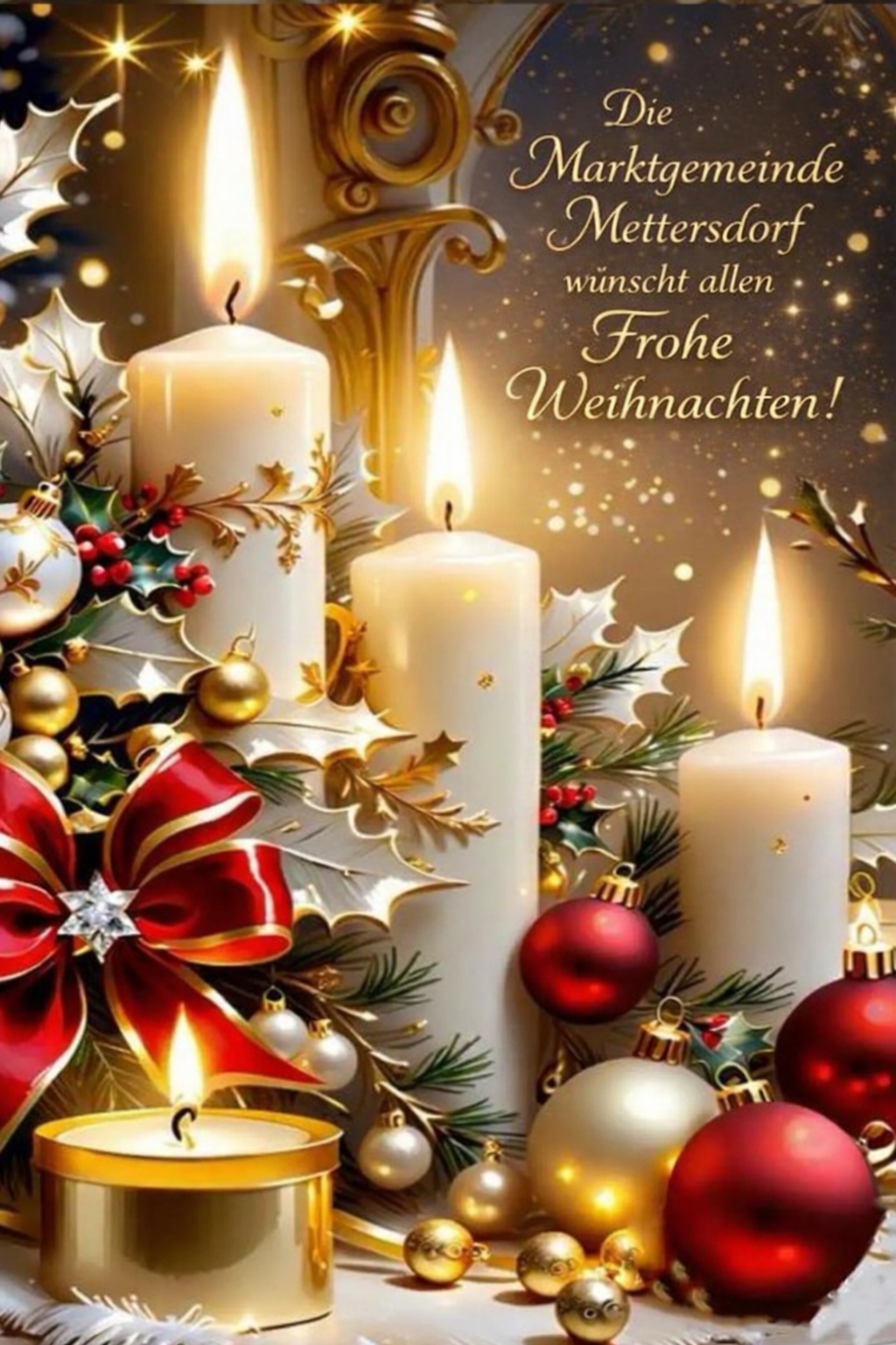 Ein festliches Weihnachtsbild zeigt drei brennende Kerzen, geschmückt mit Stechpalmenblättern und roten Ornamenten. Eine deutsche Botschaft darüber lautet 'Mettersdorf wünscht allen Frohe Weihnachten!' (Mettersdorf wünscht allen Frohe Weihnachten!).