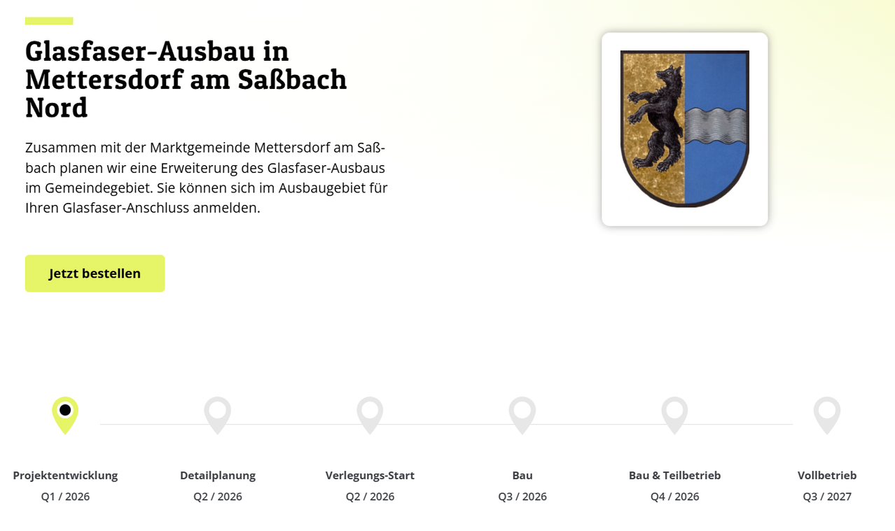 Ein Schild mit einem schwarzen Bären auf blauem und goldenem Hintergrund. Detailplanung für Q2/2026, Verleihstart Q2/2026, Bau Q3/2026 und Betrieb Q4/2026.
