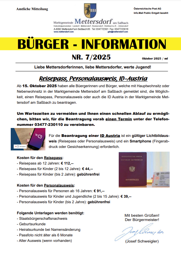 Ein Flugblatt über die Beantragung von Reisepässen, Personalausweisen und ID-Österreich in der Gemeinde Mettersdor am Salbach. Es erwähnt das Datum, die Kosten und die erforderlichen Dokumente.