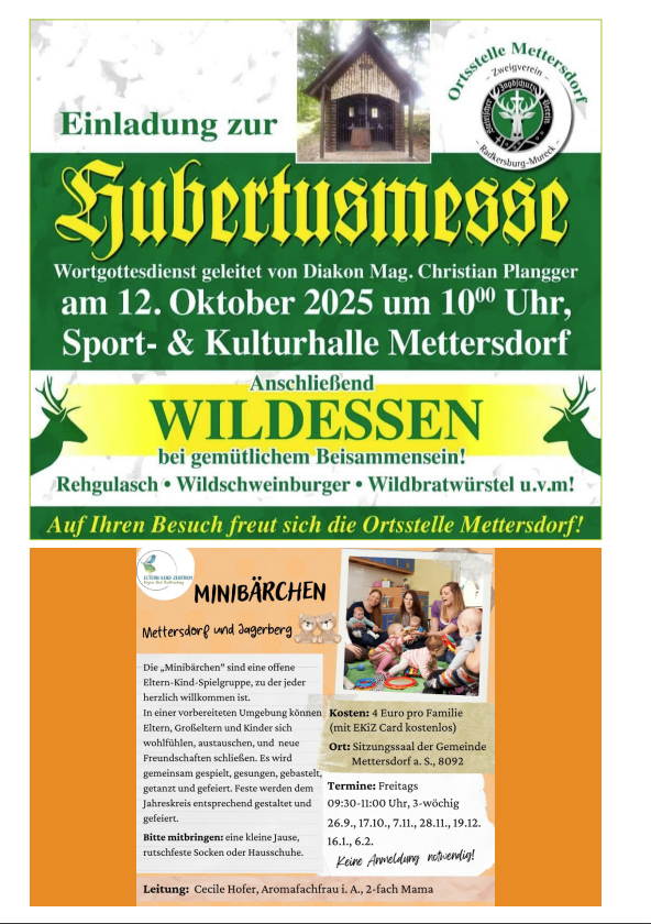 Einladungsposter für eine lokale Veranstaltung in der Sport- & Kulturhalle Mettersdorf am 12. Oktober 2025. Es enthält ein Hirschbild, ein Familienfoto und Details über einen Gottesdienst, Verpflegung und einen Treffpunkt.