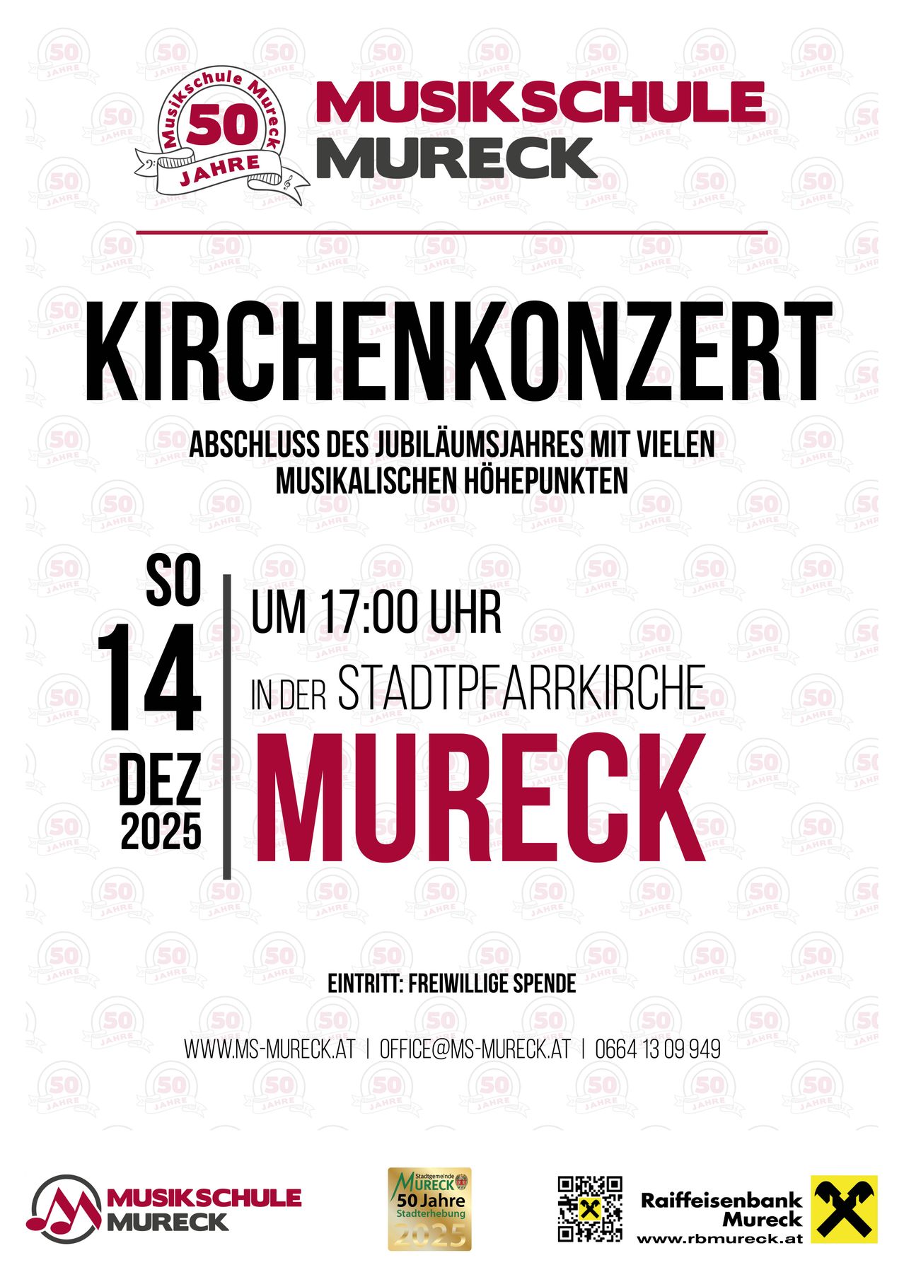 Poster for a church concert on December 14, 2025, at 17:00, featuring Mureck. The event marks the anniversary of the church with many musical highlights.