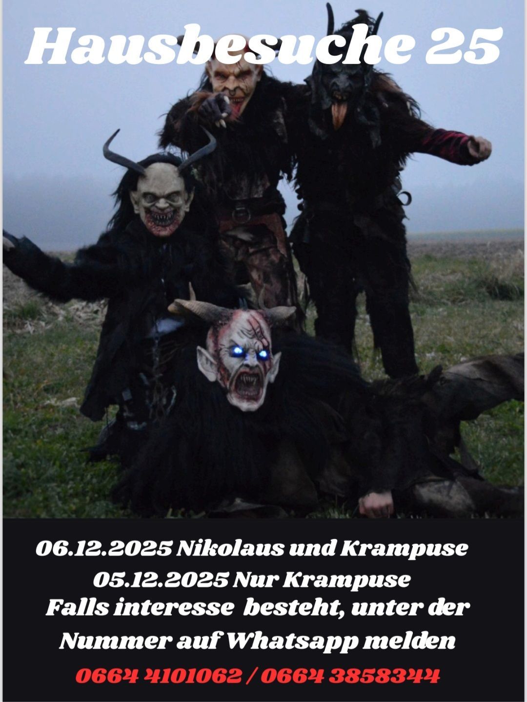 Drei Personen in gruseligen Kostümen stehen auf einem Feld. Die Daten 06.12.2025 und 05.12.2025 sind auf dem Bild geschrieben. Die Bildunterschrift lautet Nikolaus und Krampus am 06.12.2025 und Nur Krampus am 05.12.2025.
