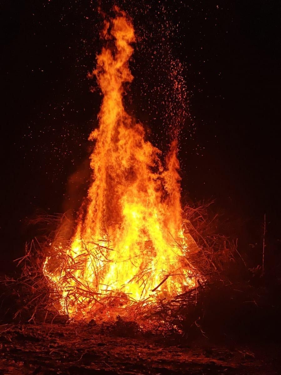 Ein großes Lagerfeuer brennt in der dunklen Nacht und wirft helle gelbe und orangefarbene Flammen, umgeben von trockenen Zweigen und Ästen.