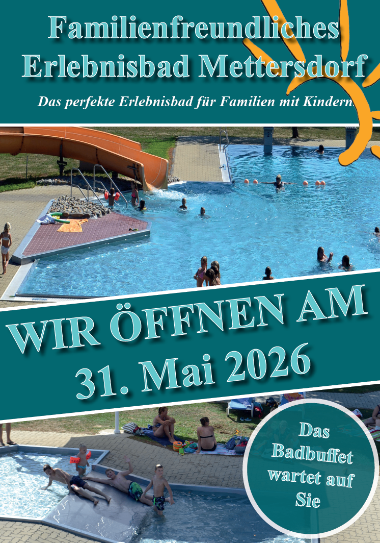 Freibad mit Rutsche und Schwimmern. Werbung zur Eröffnung am 31. Mai 2026. Überlagerung mit deutschem Text.