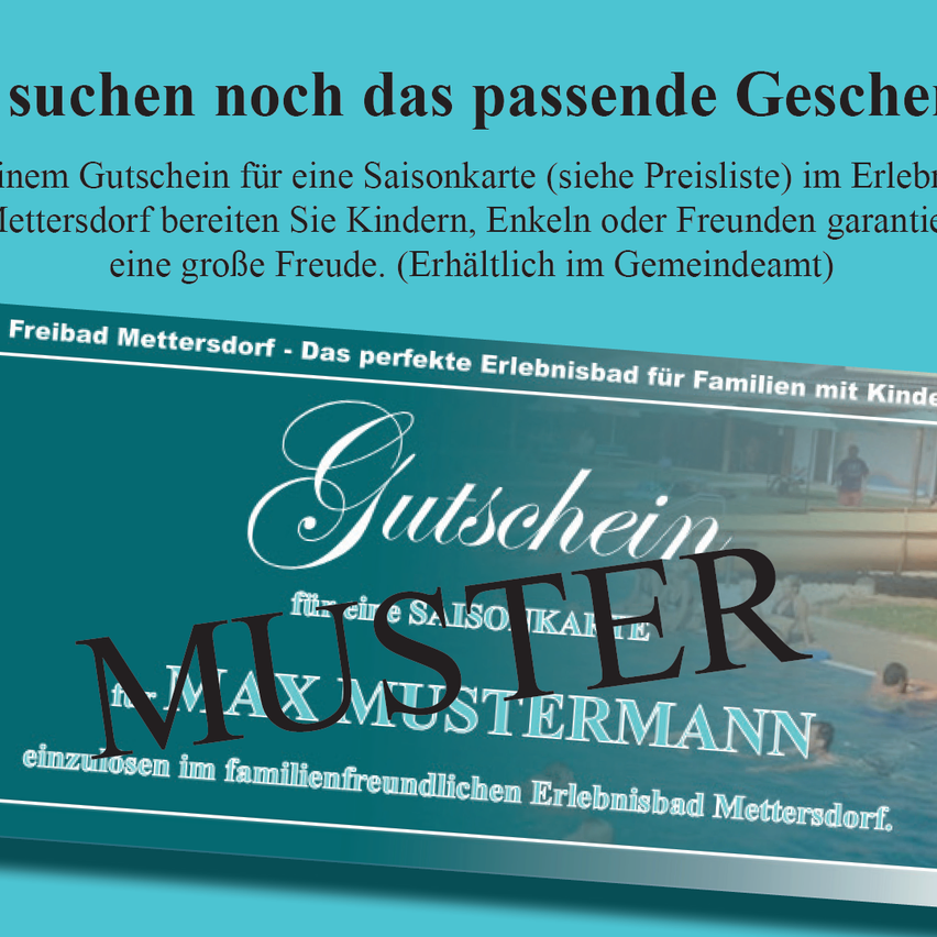 Ein Poster bewirbt einen Gutschein für einen Saisonpass in einem Freizeitbad, betont es als perfektes Geschenk für Kinder, Enkel oder Freunde. Es zeigt ein Bild eines Pools.