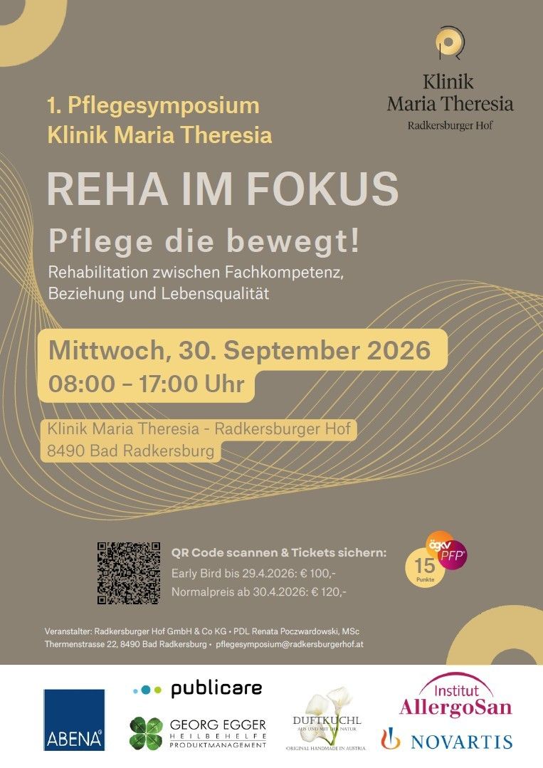 Flyer für die REHA-Veranstaltung der Radkersburg Hof Klinik am 30. September 2026. Bietet Rehabilitationsdienstleistungen mit Fokus auf Kompetenz, Beziehungen und Lebensqualität. Veranstaltung läuft von 8 bis 17 Uhr. QR-Code für Tickets. Frühbucherticketpreis ist 100 Euro bis 29. April 2026.