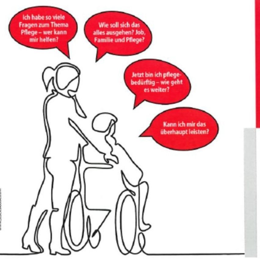 Eine Illustration zeigt eine Frau, die einen Rollstuhl mit einem Kind schiebt. Sprechblasen drücken Sorgen um Pflege, Arbeit, Familie und Zukunft aus.
